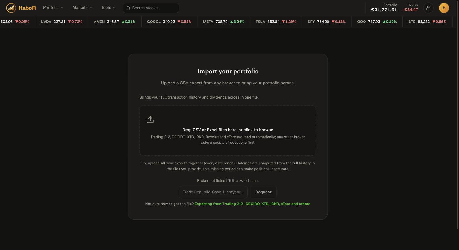 HaboFi import page: drop a CSV or Excel export from your broker
